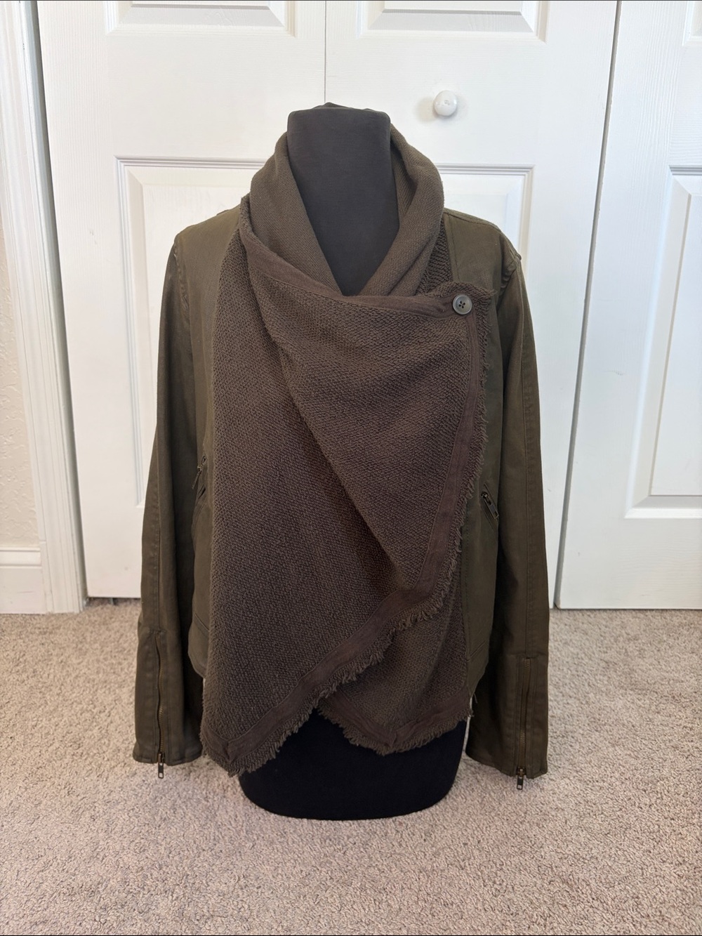 Free People Olive Green Waxed Denim Moto Jacket Draped Shawl Collar 6 Lagenlook